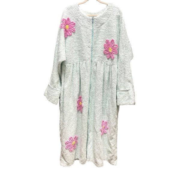 Canyon Group Rare Vintage Mint Green With Pink Daisey Full Zip Chenille Robe - Picture 2 of 7